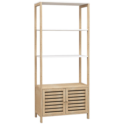 Bamboo Bathroom Shelving Unit with 3 Open Shelves Storage Cabinet with Slatted Doors 63x30x138 cm Natural Wood and White