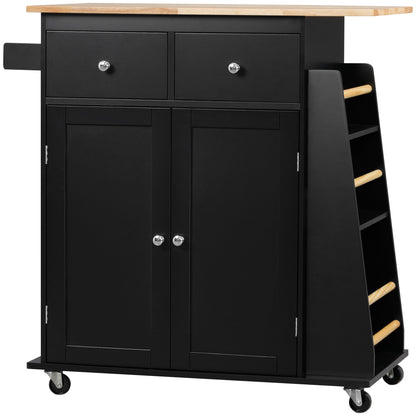Kitchen Trolley with Worktop Shelf Bottle Holder Towel Holder 2 Drawers Cupboard 2 Doors MDF Black Hevea