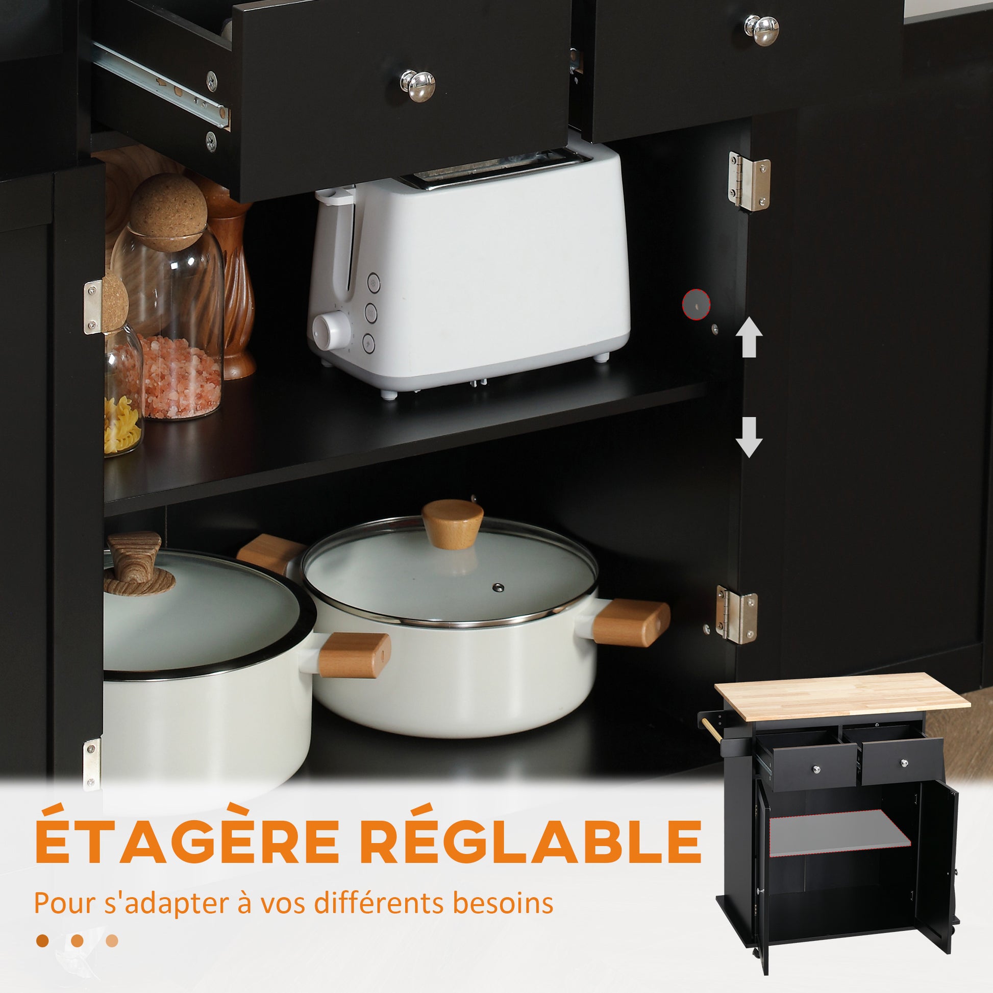 Kitchen Trolley with Worktop Shelf Bottle Holder Towel Holder 2 Drawers Cupboard 2 Doors MDF Black Hevea