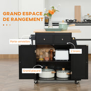 Kitchen Trolley with Worktop Shelf Bottle Holder Towel Holder 2 Drawers Cupboard 2 Doors MDF Black Hevea