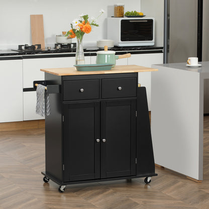 Kitchen Trolley with Worktop Shelf Bottle Holder Towel Holder 2 Drawers Cupboard 2 Doors MDF Black Hevea