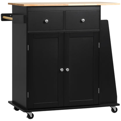 Kitchen Trolley with Worktop Shelf Bottle Holder Towel Holder 2 Drawers Cupboard 2 Doors MDF Black Hevea