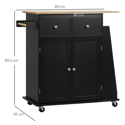 Kitchen Trolley with Worktop Shelf Bottle Holder Towel Holder 2 Drawers Cupboard 2 Doors MDF Black Hevea