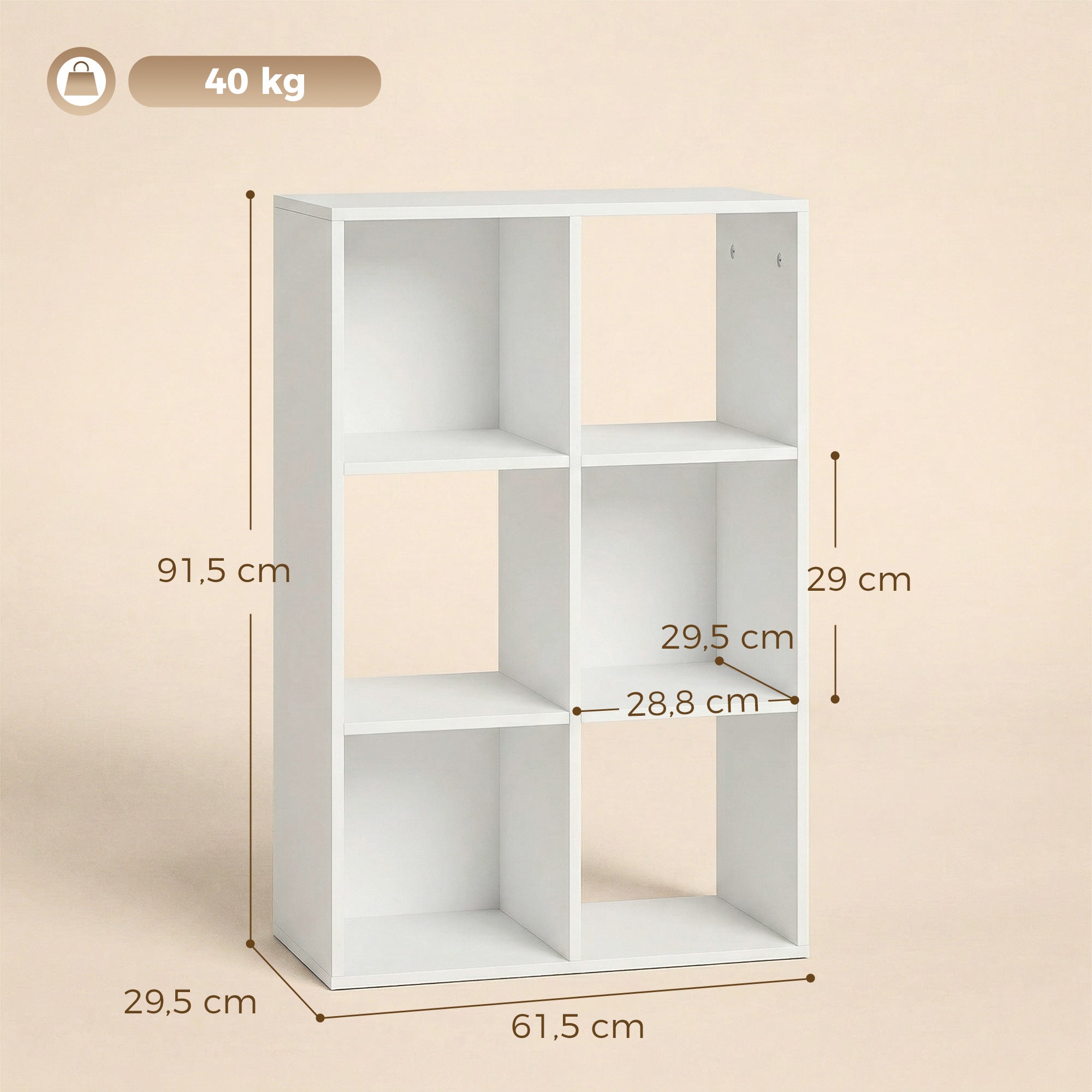 Narrow 3-Tier 6-Cube Bookshelf — Space-Saving Storage with Anti-Tip Strap, White