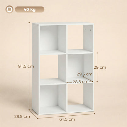Narrow 3-Tier 6-Cube Bookshelf — Space-Saving Storage with Anti-Tip Strap, White