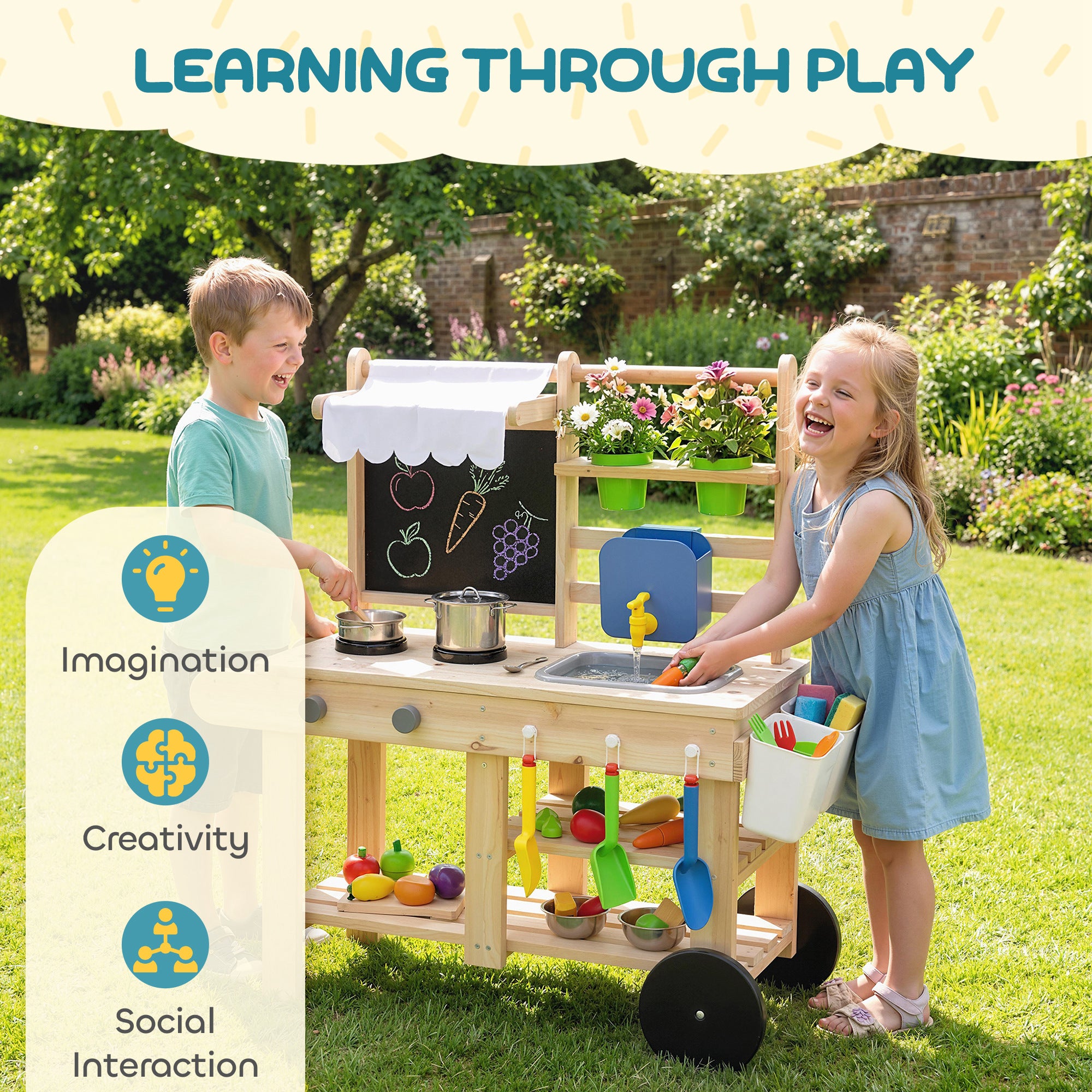 Outdoor Mud Kitchen for Kids — Wooden Play Kitchen with Real Faucet, Sink, Stove, Storage Shelf & Water Tank, Natural Wood — Ages 3+
