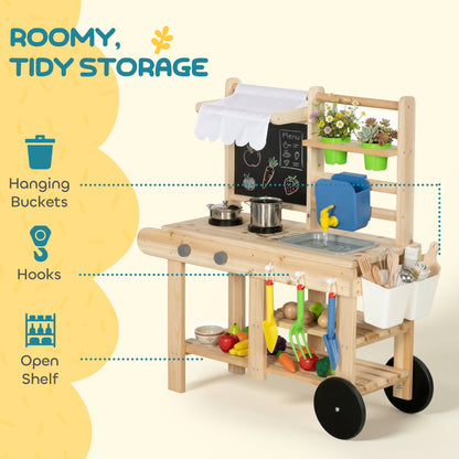Outdoor Mud Kitchen for Kids — Wooden Play Kitchen with Real Faucet, Sink, Stove, Storage Shelf & Water Tank, Natural Wood — Ages 3+