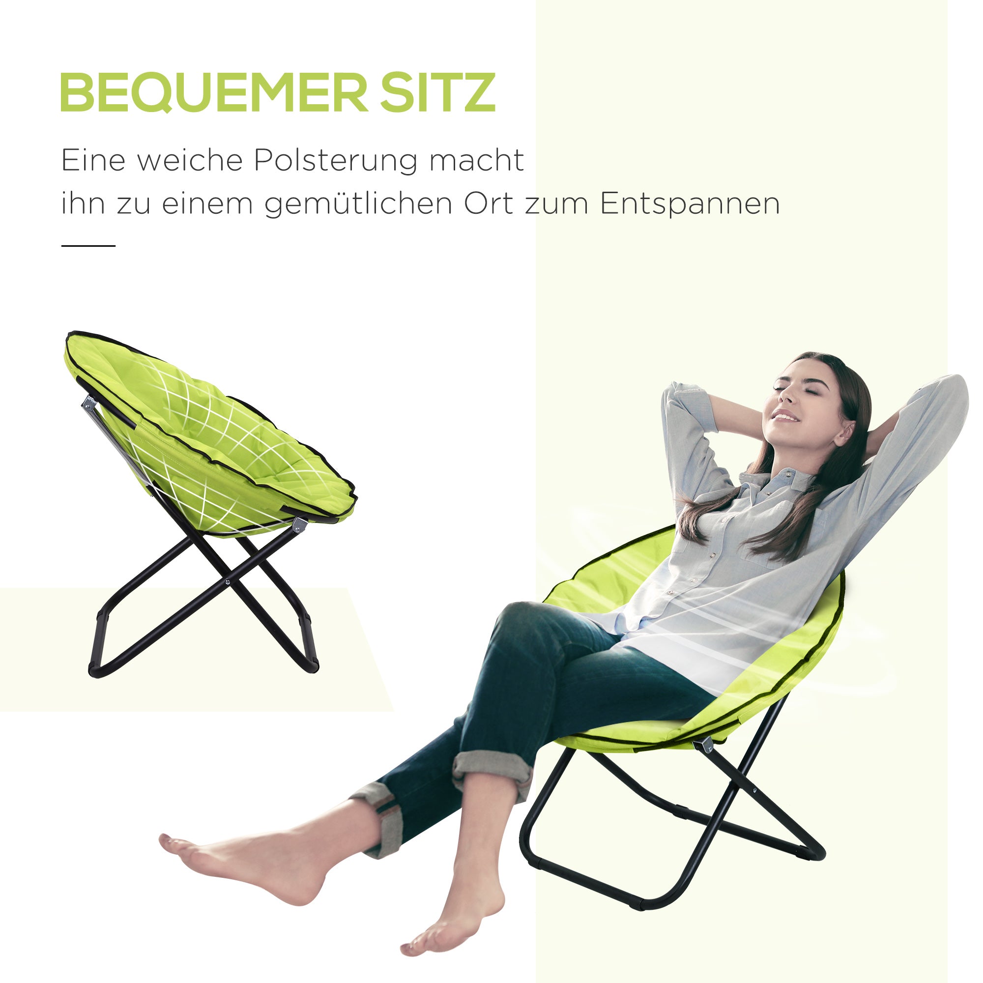 Folding Camping Chair Camp Chair with Backrest, Folding Chair up to 120kg, Padded Moon Chair Extra Wide, Foldable Outdoor Chair for Garden, Balcony, Camping, Yellow