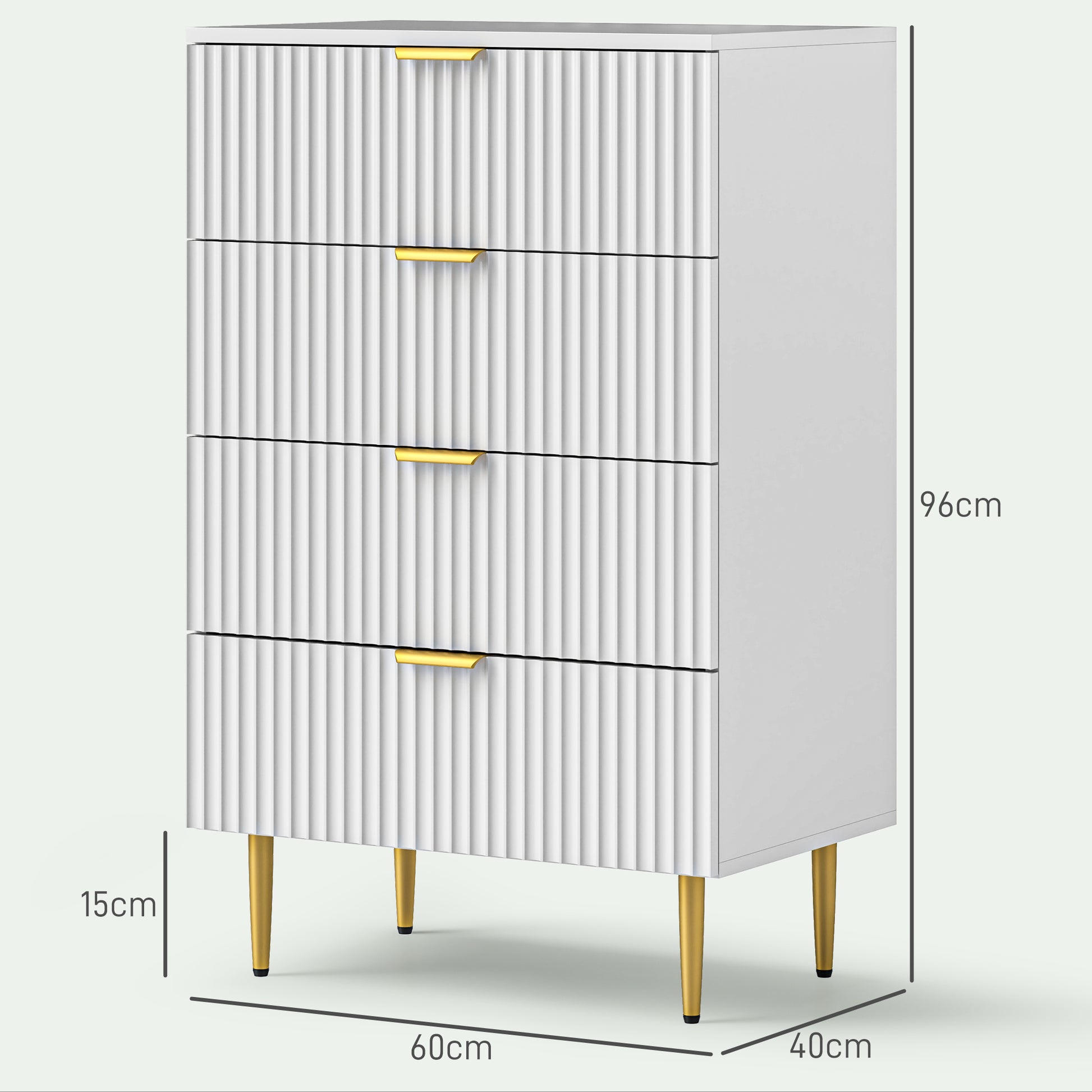 Chest of Drawers 4 Drawers Bedroom Chest Modern Storage Furniture with Handles and Golden Feet, for Bedroom, Living Room, Dimensions 60 x 40 x 96 cm, White