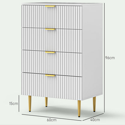 Chest of Drawers 4 Drawers Bedroom Chest Modern Storage Furniture with Handles and Golden Feet, for Bedroom, Living Room, Dimensions 60 x 40 x 96 cm, White