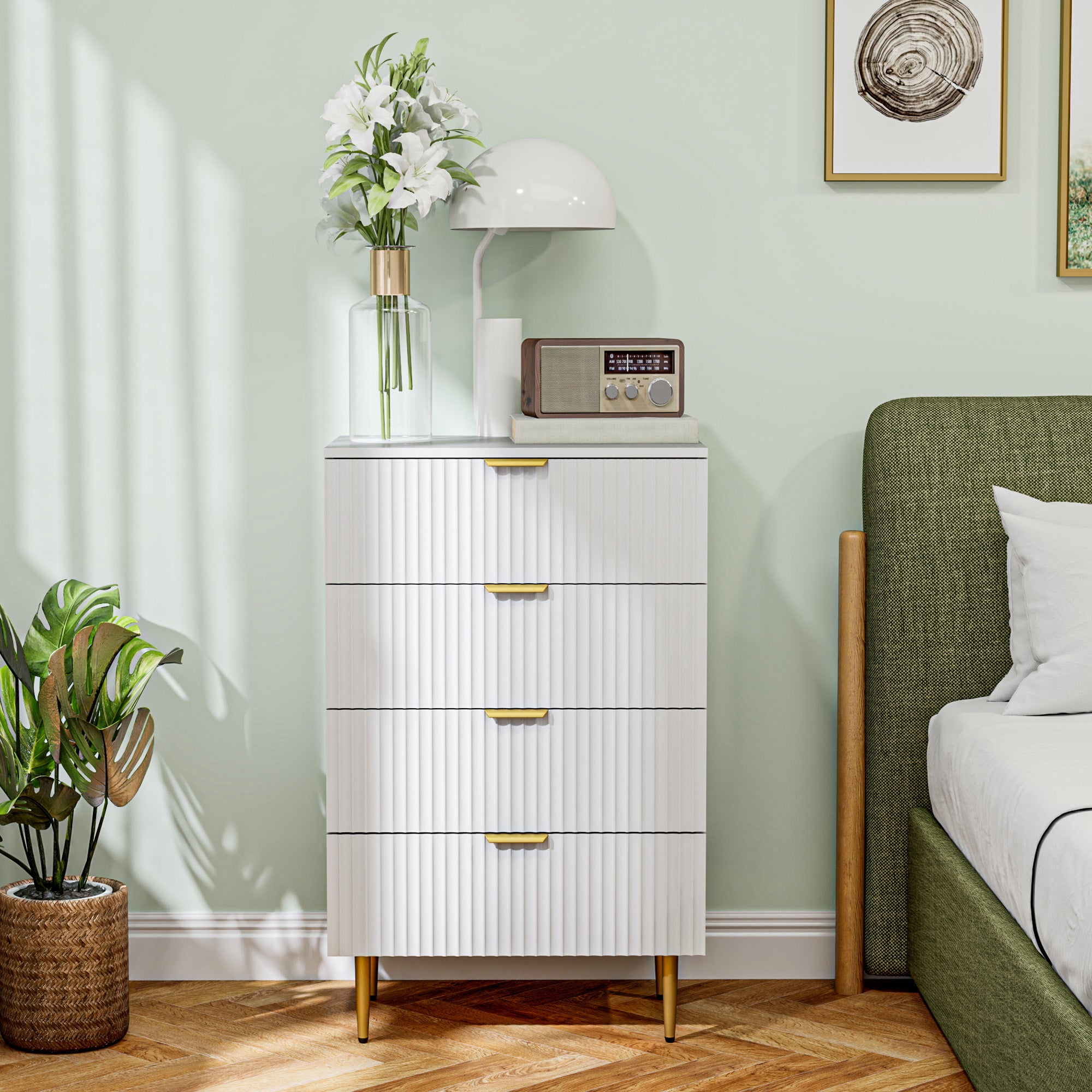 Chest of Drawers 4 Drawers Bedroom Chest Modern Storage Furniture with Handles and Golden Feet, for Bedroom, Living Room, Dimensions 60 x 40 x 96 cm, White