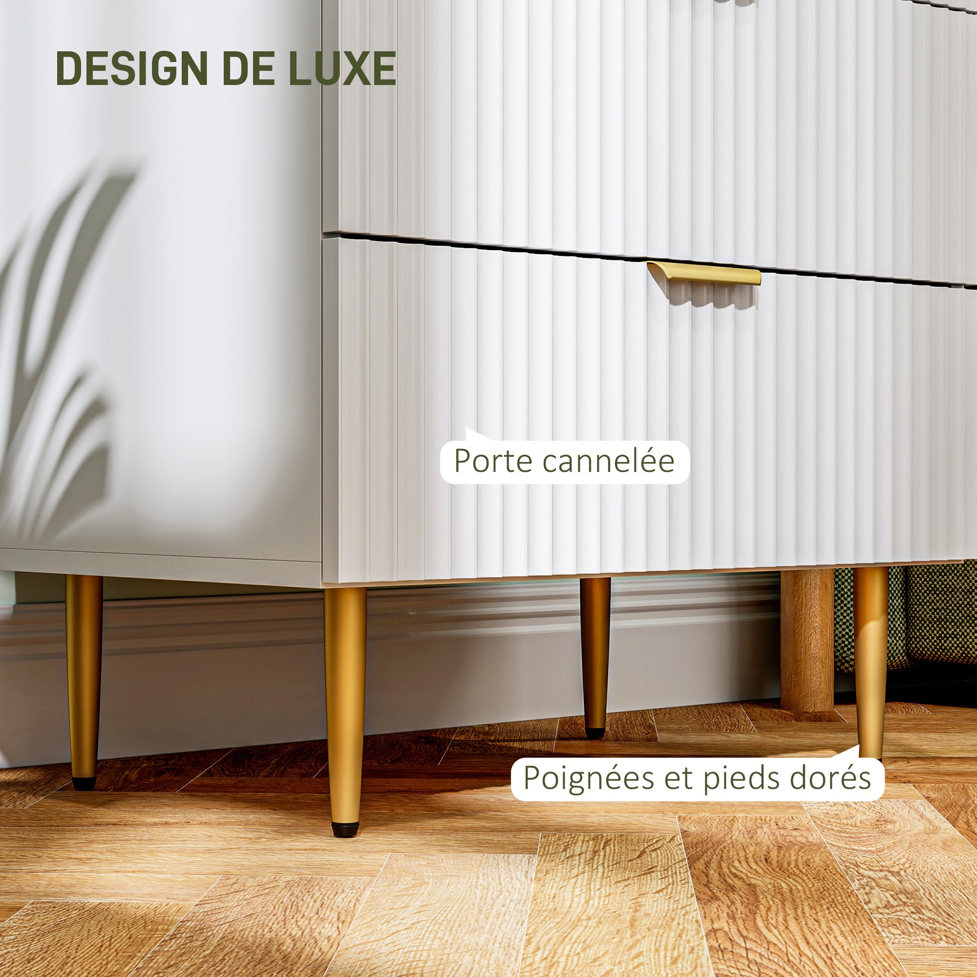 Chest of Drawers 4 Drawers Bedroom Chest Modern Storage Furniture with Handles and Golden Feet, for Bedroom, Living Room, Dimensions 60 x 40 x 96 cm, White