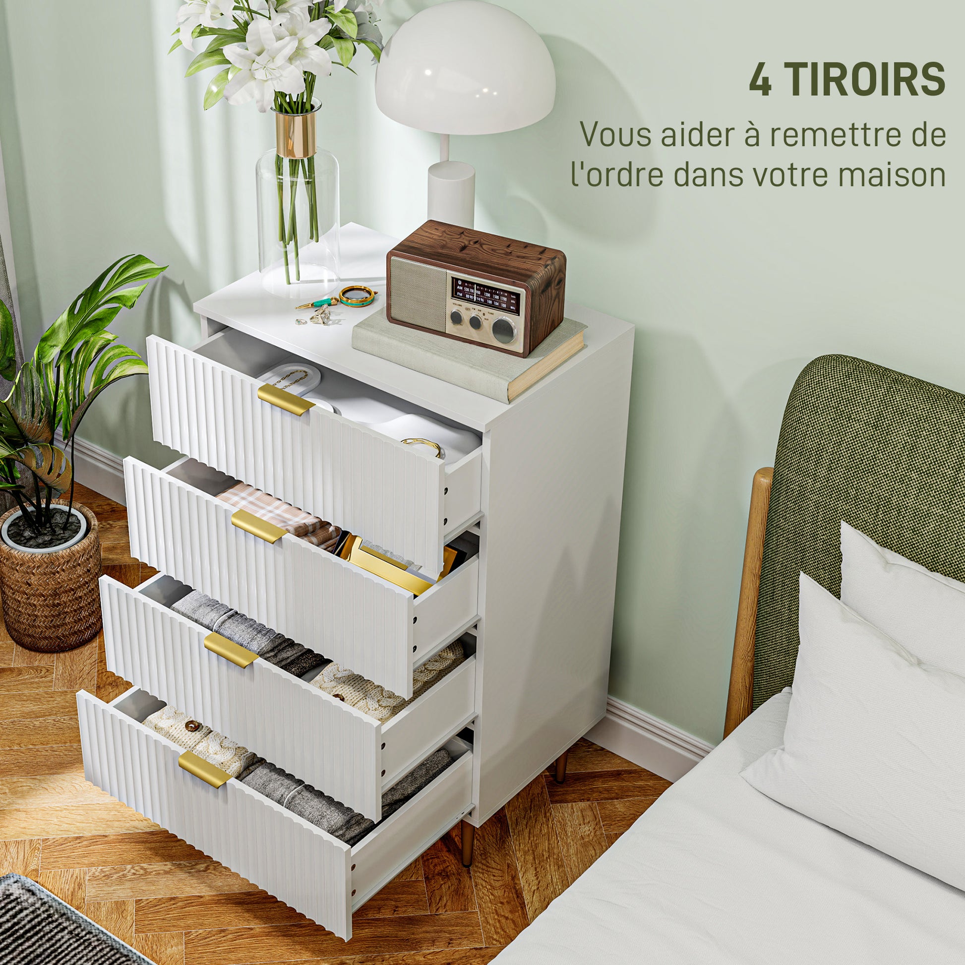 Chest of Drawers 4 Drawers Bedroom Chest Modern Storage Furniture with Handles and Golden Feet, for Bedroom, Living Room, Dimensions 60 x 40 x 96 cm, White