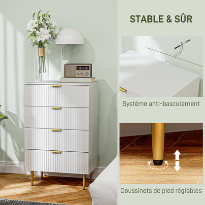 Chest of Drawers 4 Drawers Bedroom Chest Modern Storage Furniture with Handles and Golden Feet, for Bedroom, Living Room, Dimensions 60 x 40 x 96 cm, White