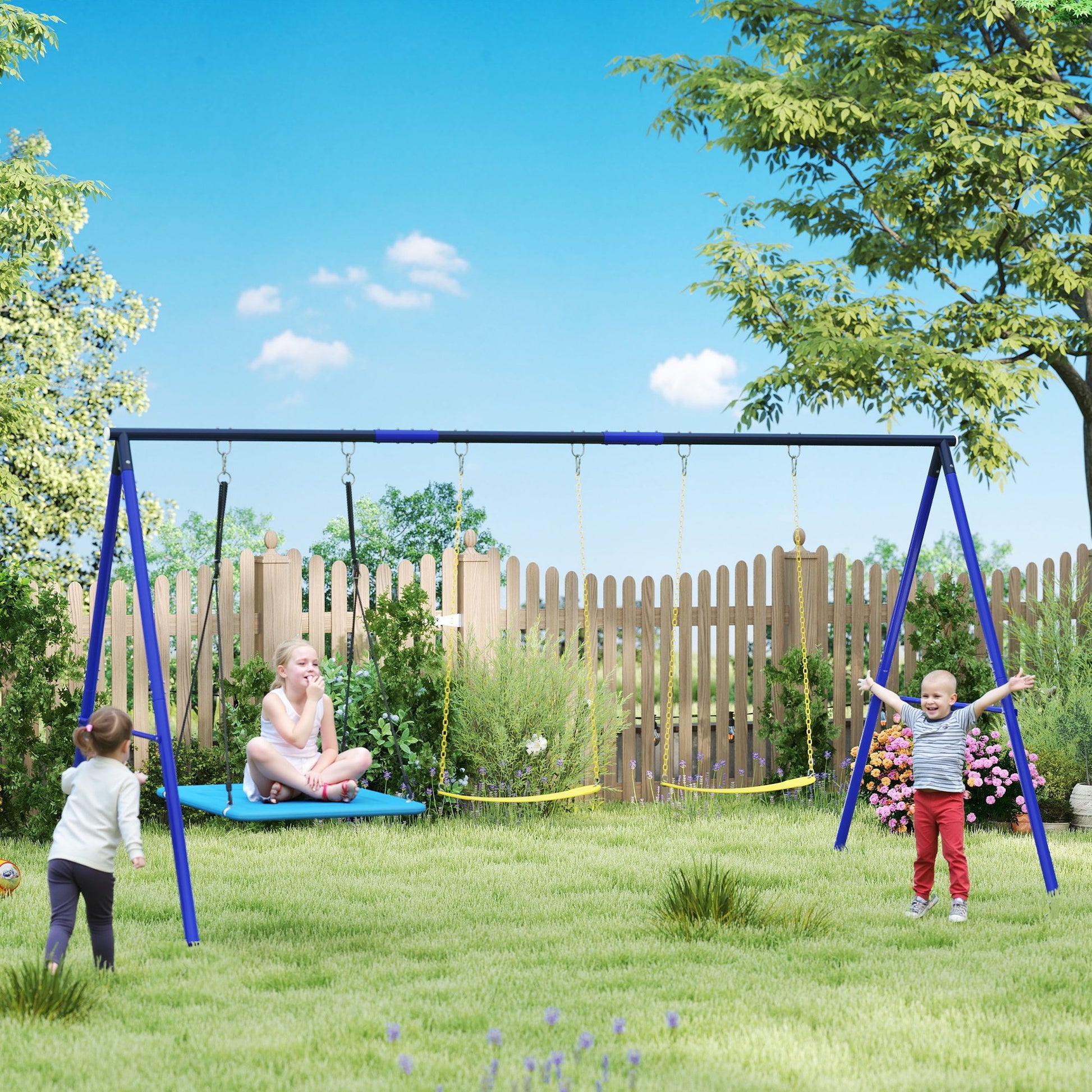 Children's Swing Outdoor 3 Seater Swing Set with Platform Swing, Belt Swing, Steel Swing Frame, Garden Swing for Kids
