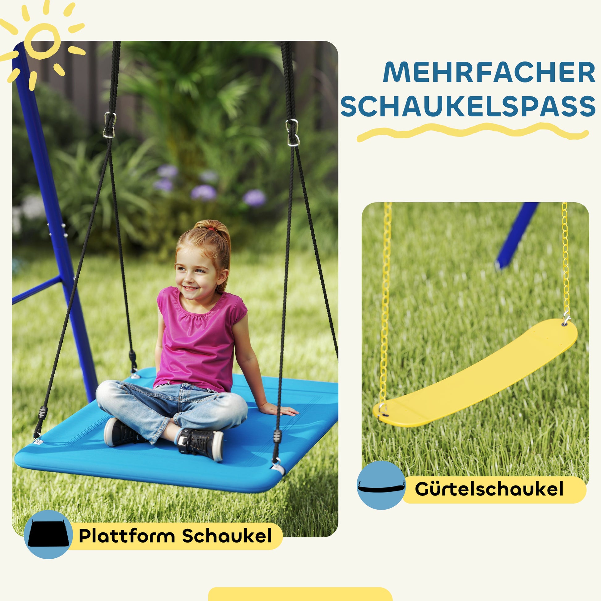 Children's Swing Outdoor 3 Seater Swing Set with Platform Swing, Belt Swing, Steel Swing Frame, Garden Swing for Kids