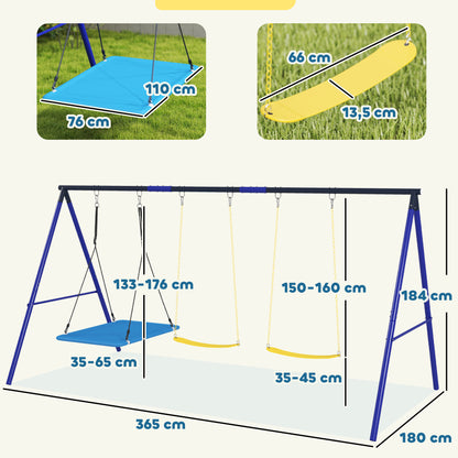 Children's Swing Outdoor 3 Seater Swing Set with Platform Swing, Belt Swing, Steel Swing Frame, Garden Swing for Kids
