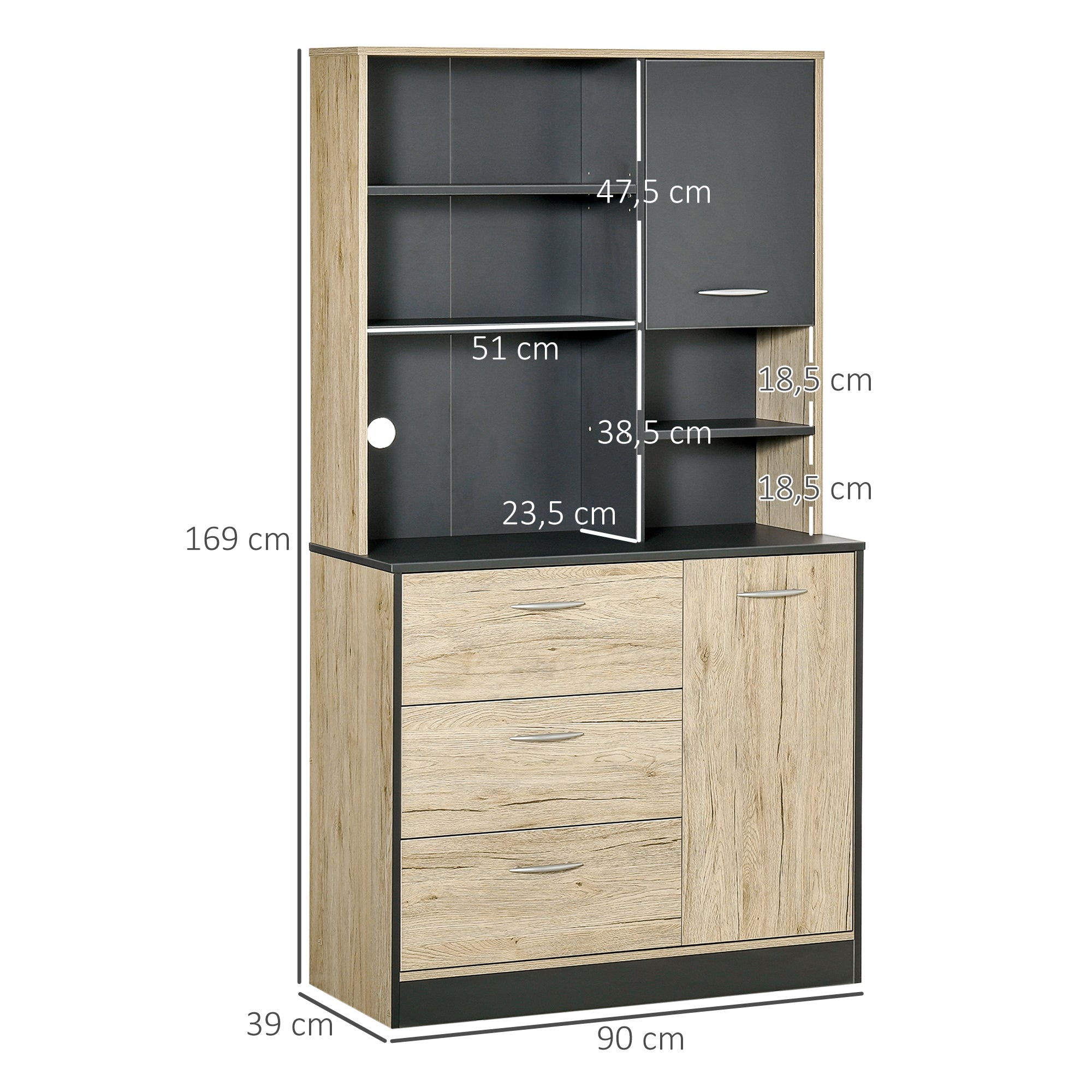 Kitchen Buffet Kitchen Cabinet Multi-Storage 2 Doors 3 Drawers 3 Shelves + Large Countertop 90L x 39W x 169H cm Two-Tone Light Oak Gray
