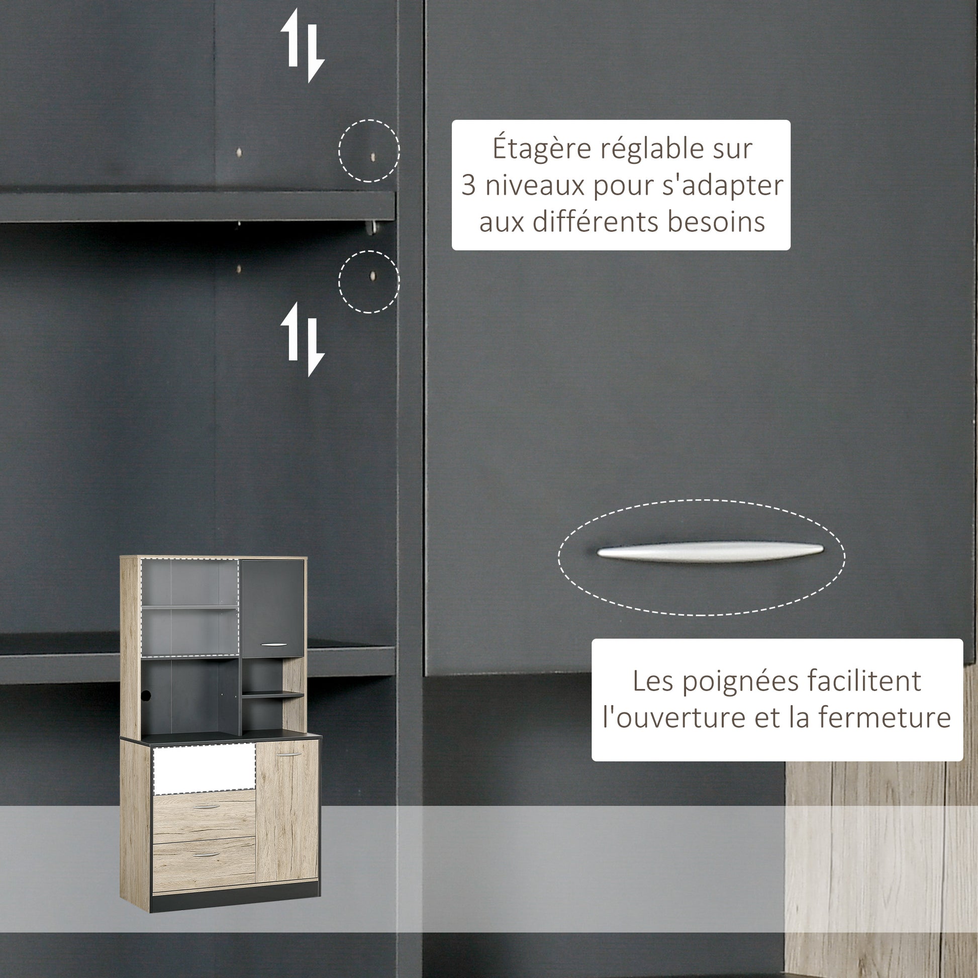 Kitchen Buffet Kitchen Cabinet Multi-Storage 2 Doors 3 Drawers 3 Shelves + Large Countertop 90L x 39W x 169H cm Two-Tone Light Oak Gray