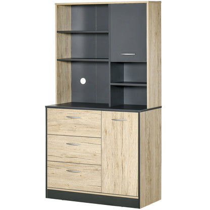 Kitchen Buffet Kitchen Cabinet Multi-Storage 2 Doors 3 Drawers 3 Shelves + Large Countertop 90L x 39W x 169H cm Two-Tone Light Oak Gray