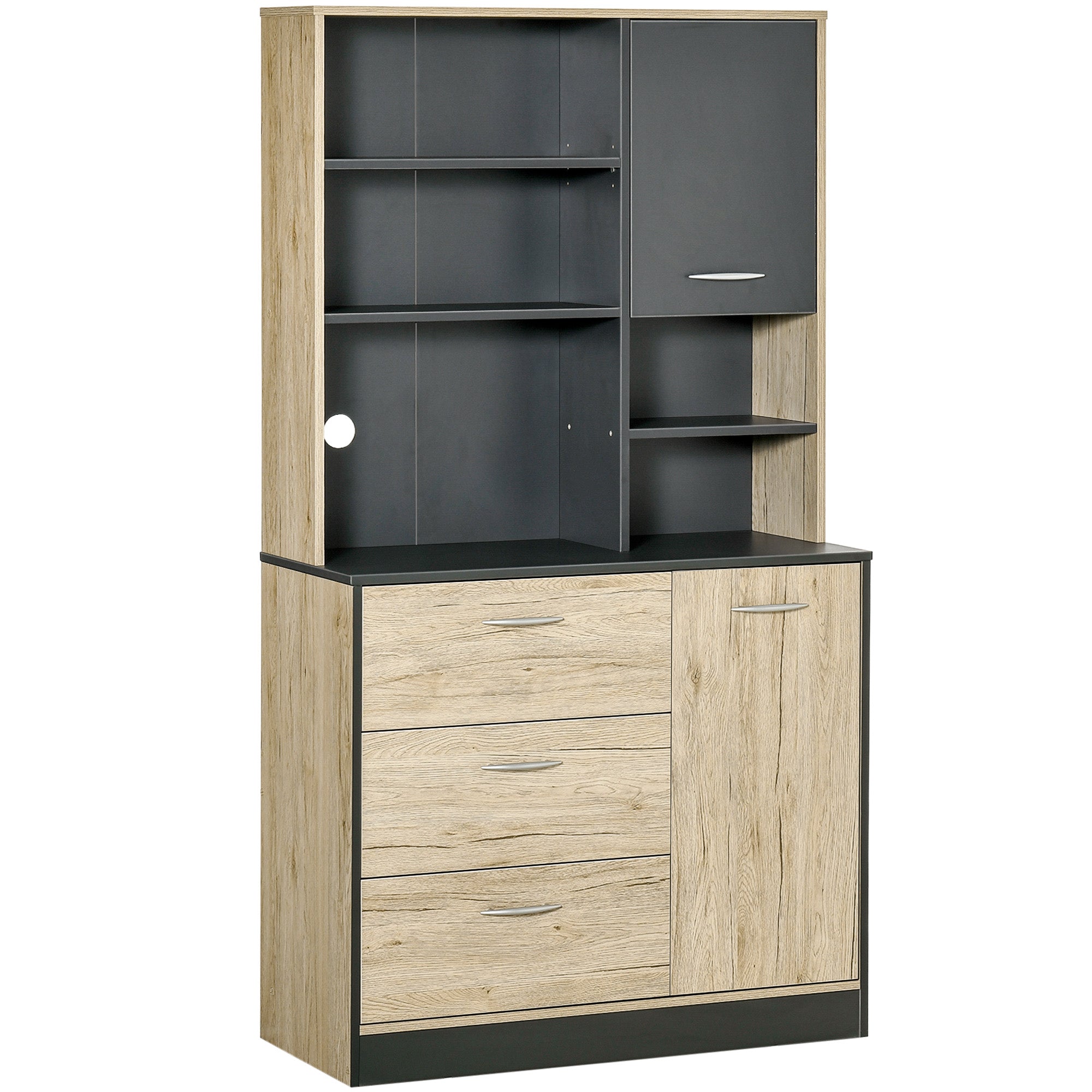 Kitchen Buffet Kitchen Cabinet Multi-Storage 2 Doors 3 Drawers 3 Shelves + Large Countertop 90L x 39W x 169H cm Two-Tone Light Oak Gray