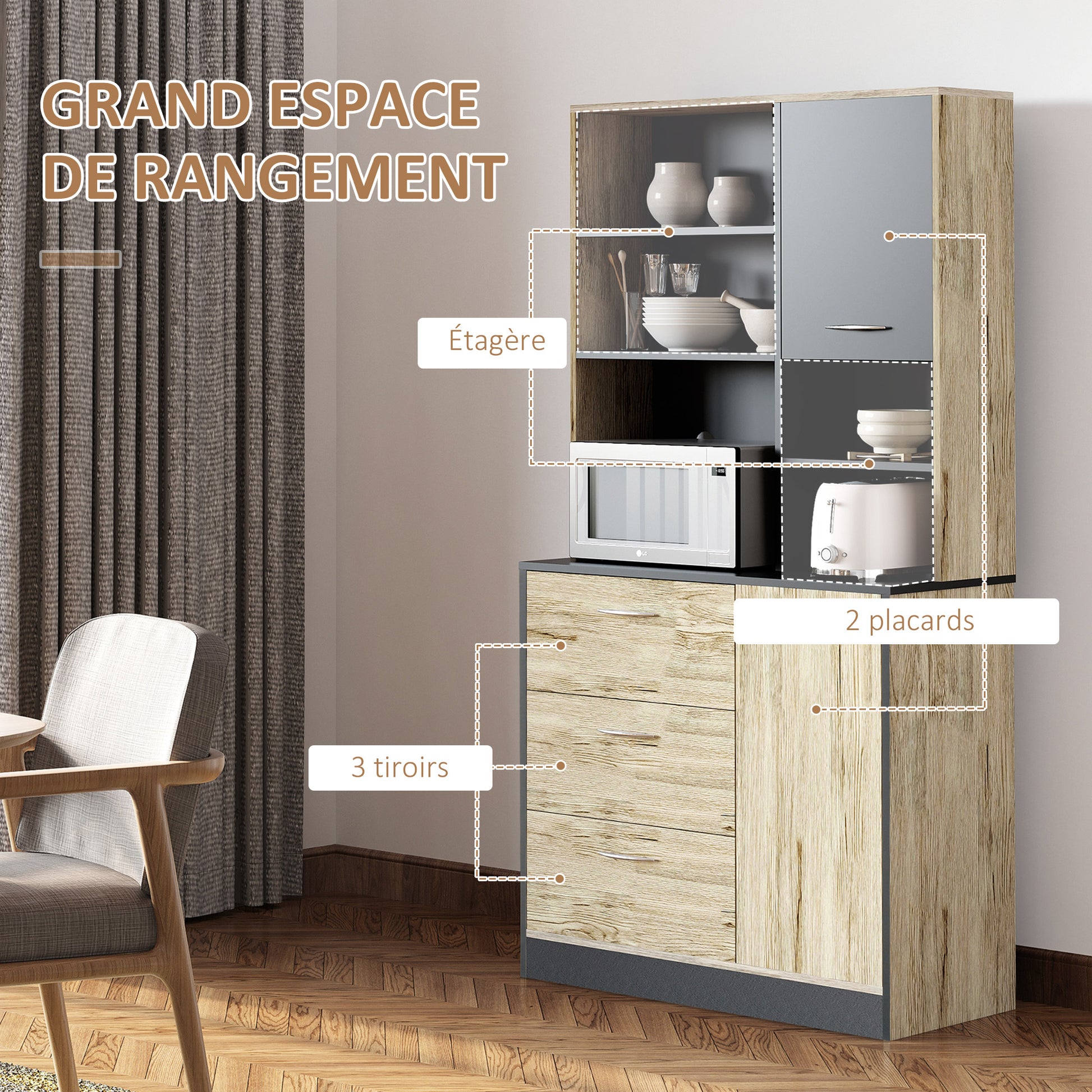 Kitchen Buffet Kitchen Cabinet Multi-Storage 2 Doors 3 Drawers 3 Shelves + Large Countertop 90L x 39W x 169H cm Two-Tone Light Oak Gray