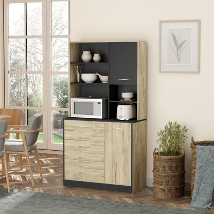 Kitchen Buffet Kitchen Cabinet Multi-Storage 2 Doors 3 Drawers 3 Shelves + Large Countertop 90L x 39W x 169H cm Two-Tone Light Oak Gray