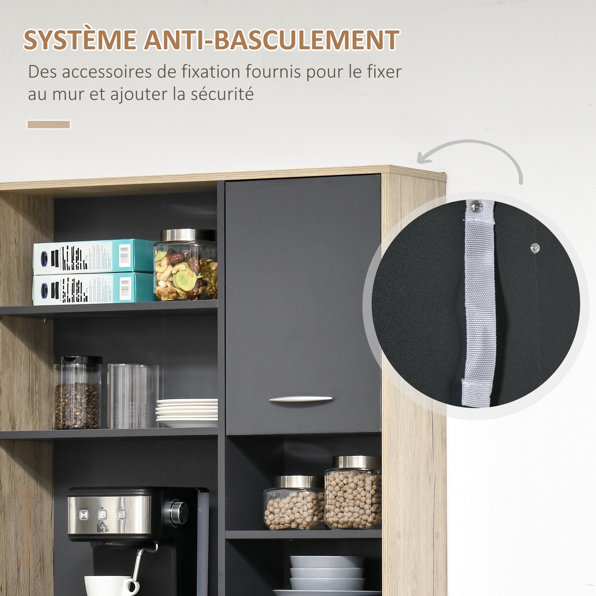 Kitchen Buffet Kitchen Cabinet Multi-Storage 2 Doors 3 Drawers 3 Shelves + Large Countertop 90L x 39W x 169H cm Two-Tone Light Oak Gray