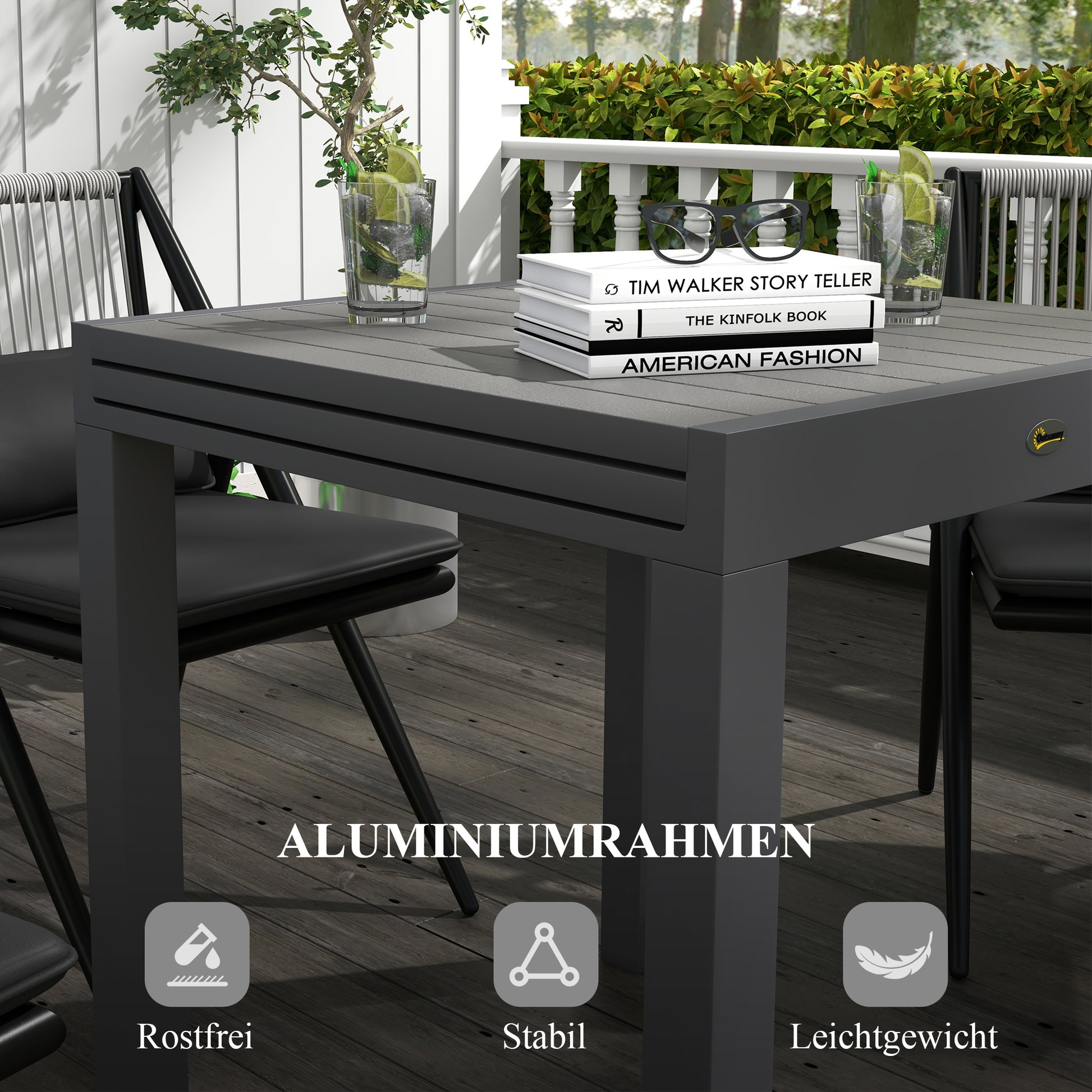 Garden Table Dining Table for 6 People Patio Table Expandable Balcony Table up to 70 kg load capacity Aluminum Gray 81/162 x 80 x 75 cm