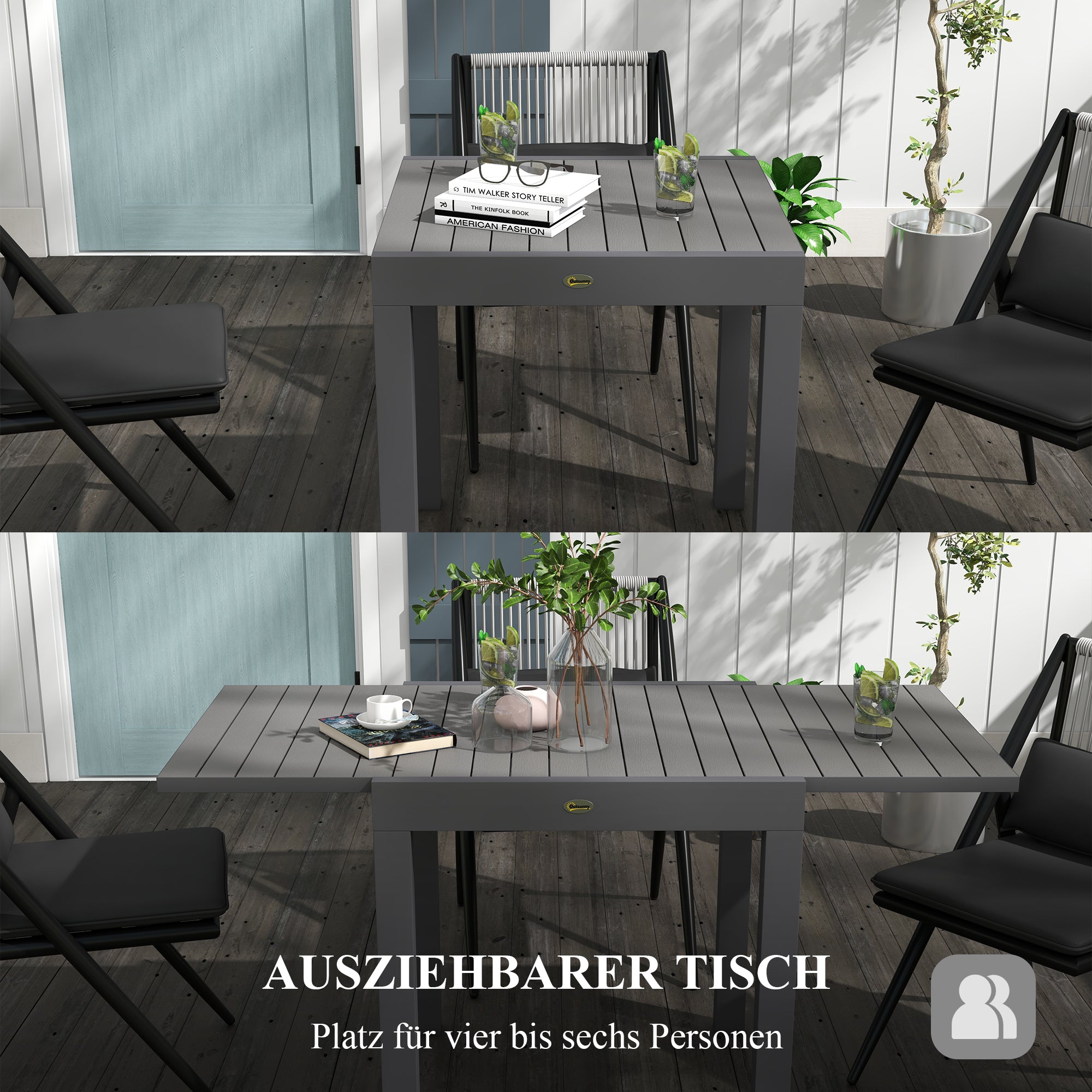 Garden Table Dining Table for 6 People Patio Table Expandable Balcony Table up to 70 kg load capacity Aluminum Gray 81/162 x 80 x 75 cm