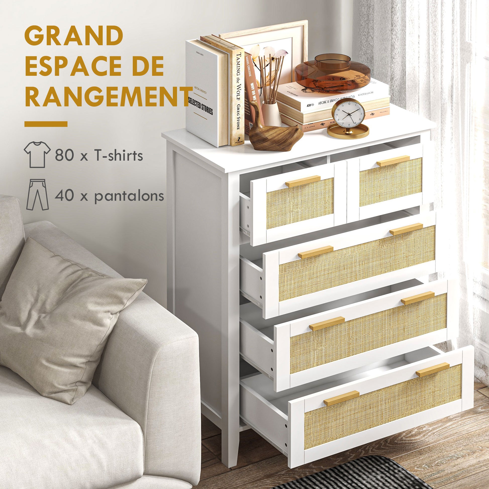5-Drawer Chest Storage Cabinet with Solid Wood Handles and Metal Slides for Home Office Living Room Bedroom White