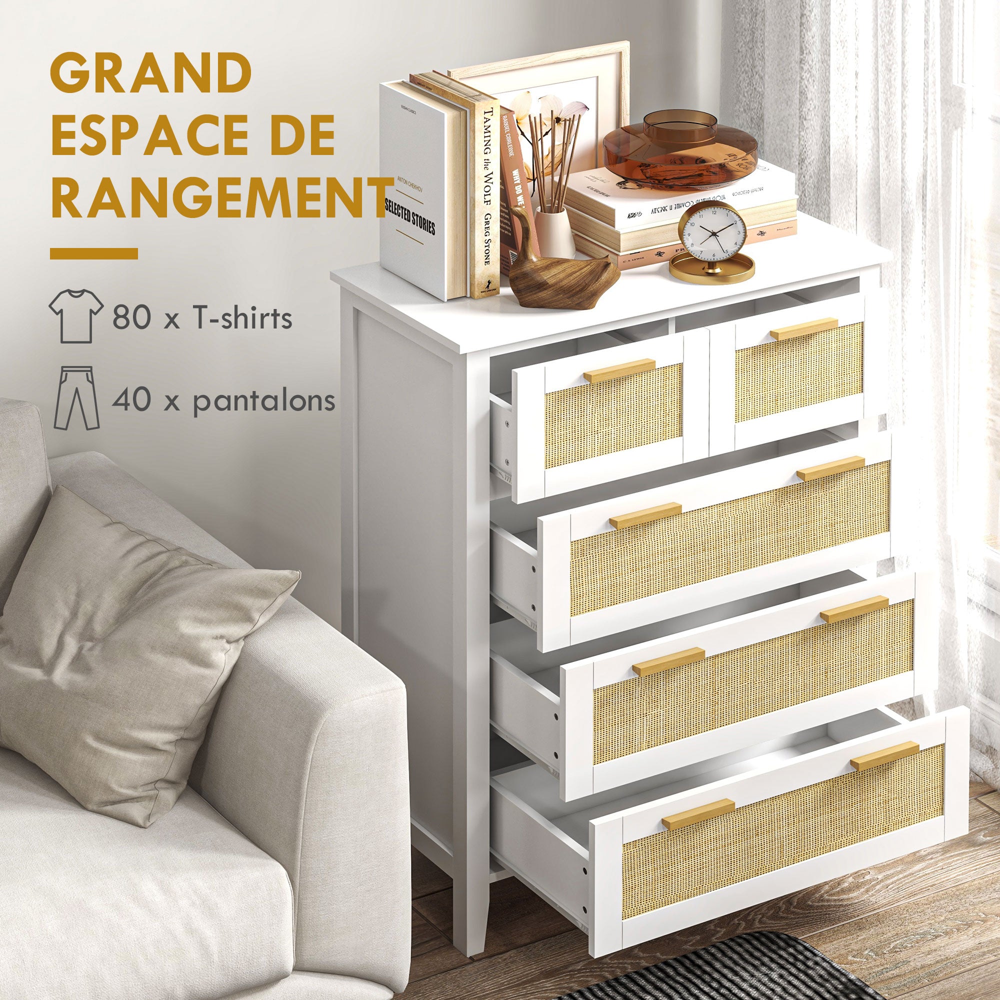 5-Drawer Chest Storage Cabinet with Solid Wood Handles and Metal Slides for Home Office Living Room Bedroom White