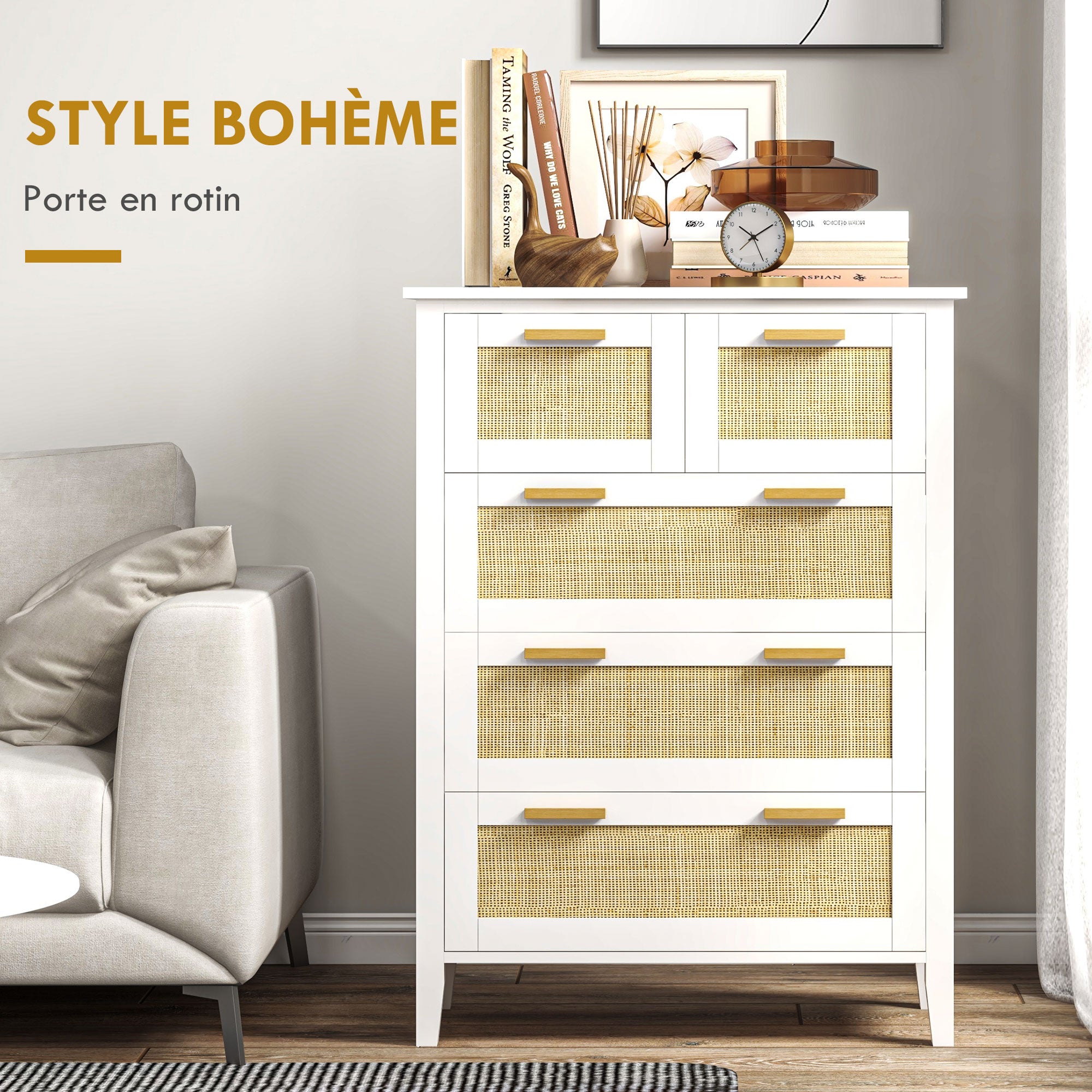 5-Drawer Chest Storage Cabinet with Solid Wood Handles and Metal Slides for Home Office Living Room Bedroom White