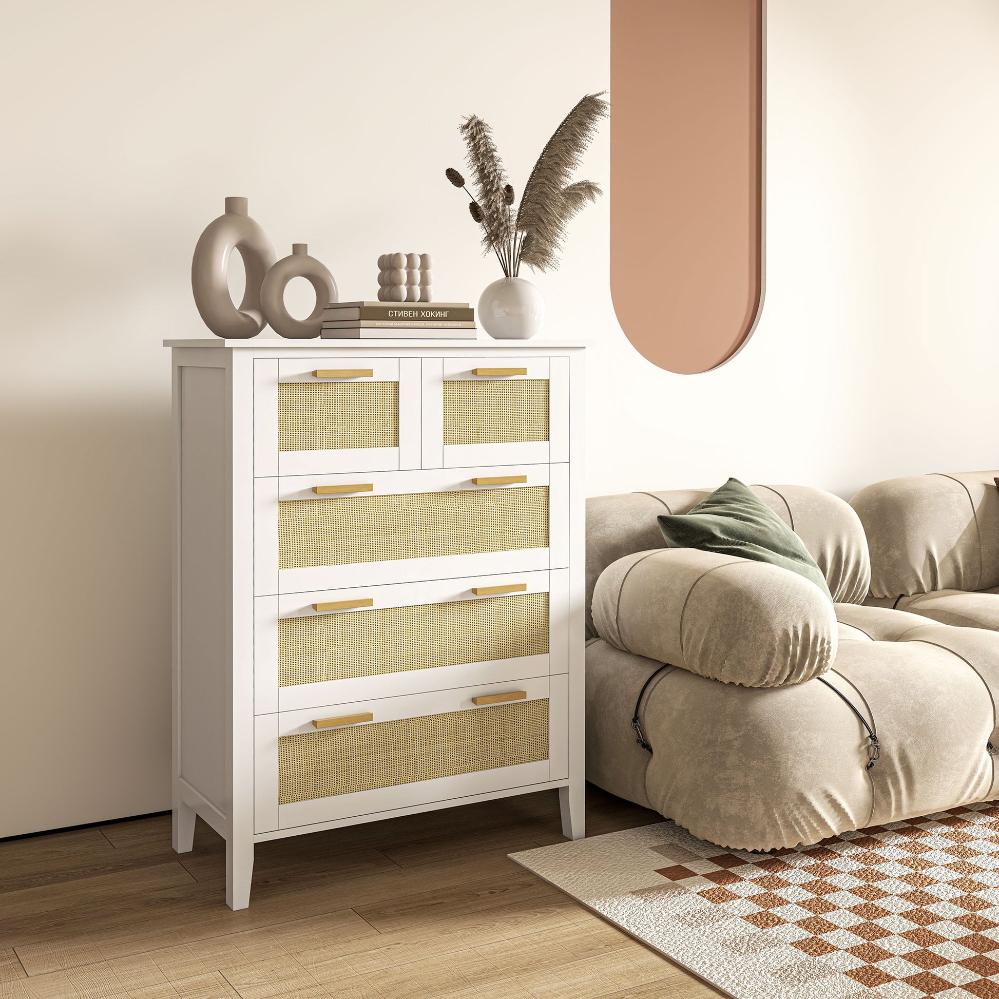 5-Drawer Chest Storage Cabinet with Solid Wood Handles and Metal Slides for Home Office Living Room Bedroom White