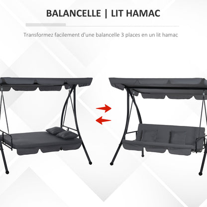 3-Seater Convertible Garden Swing with Great Comfort Adjustable Canopy Provided Mattress 2L x 1.25W x 1.7H m Metal Black Anthracite Polyester