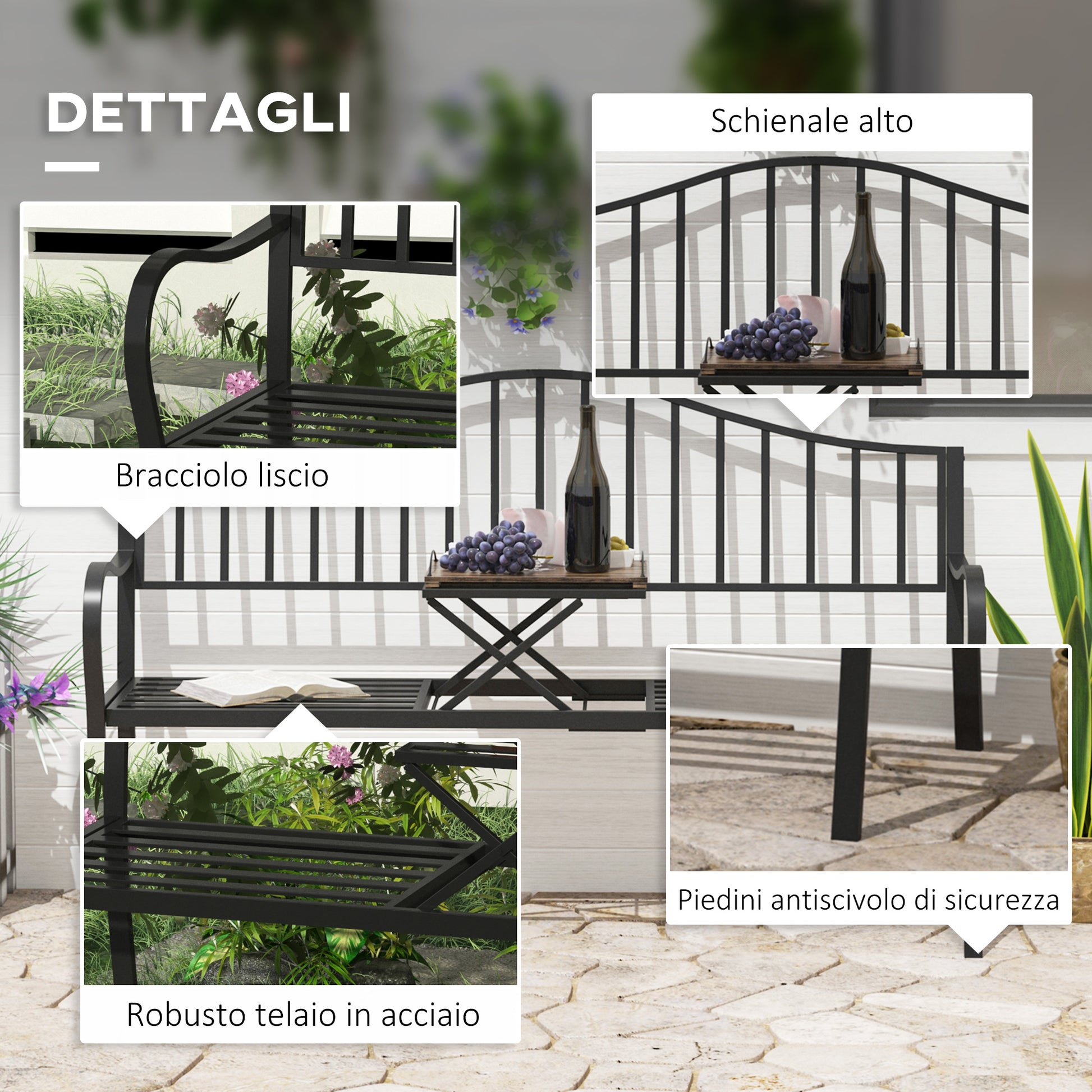 2-Seater Outdoor Bench with Extendable Table in Metal 150 x 53 x 95 cm Black