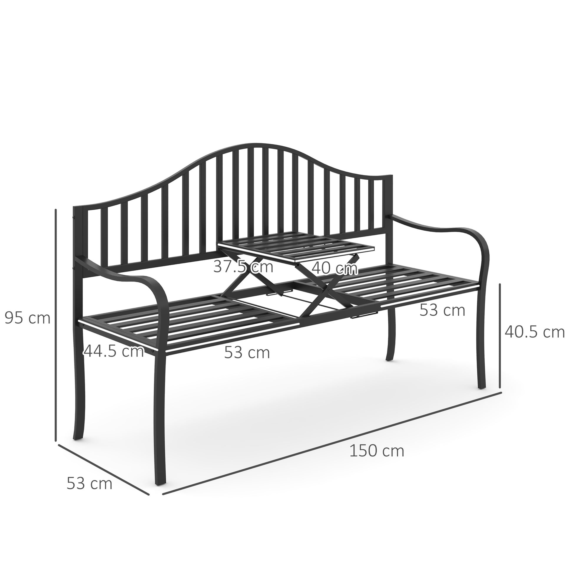 2-Seater Outdoor Bench with Extendable Table in Metal 150 x 53 x 95 cm Black
