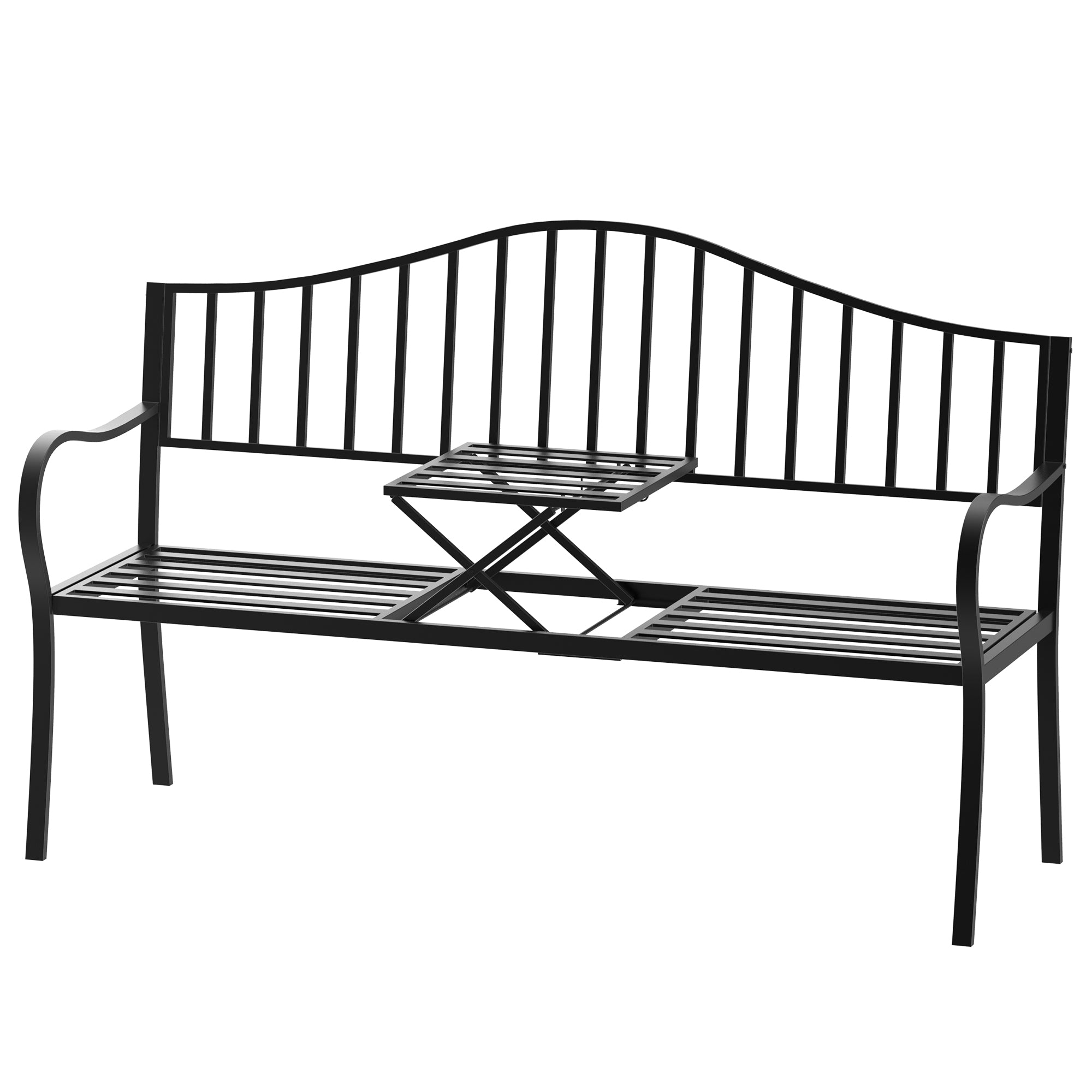 2-Seater Outdoor Bench with Extendable Table in Metal 150 x 53 x 95 cm Black