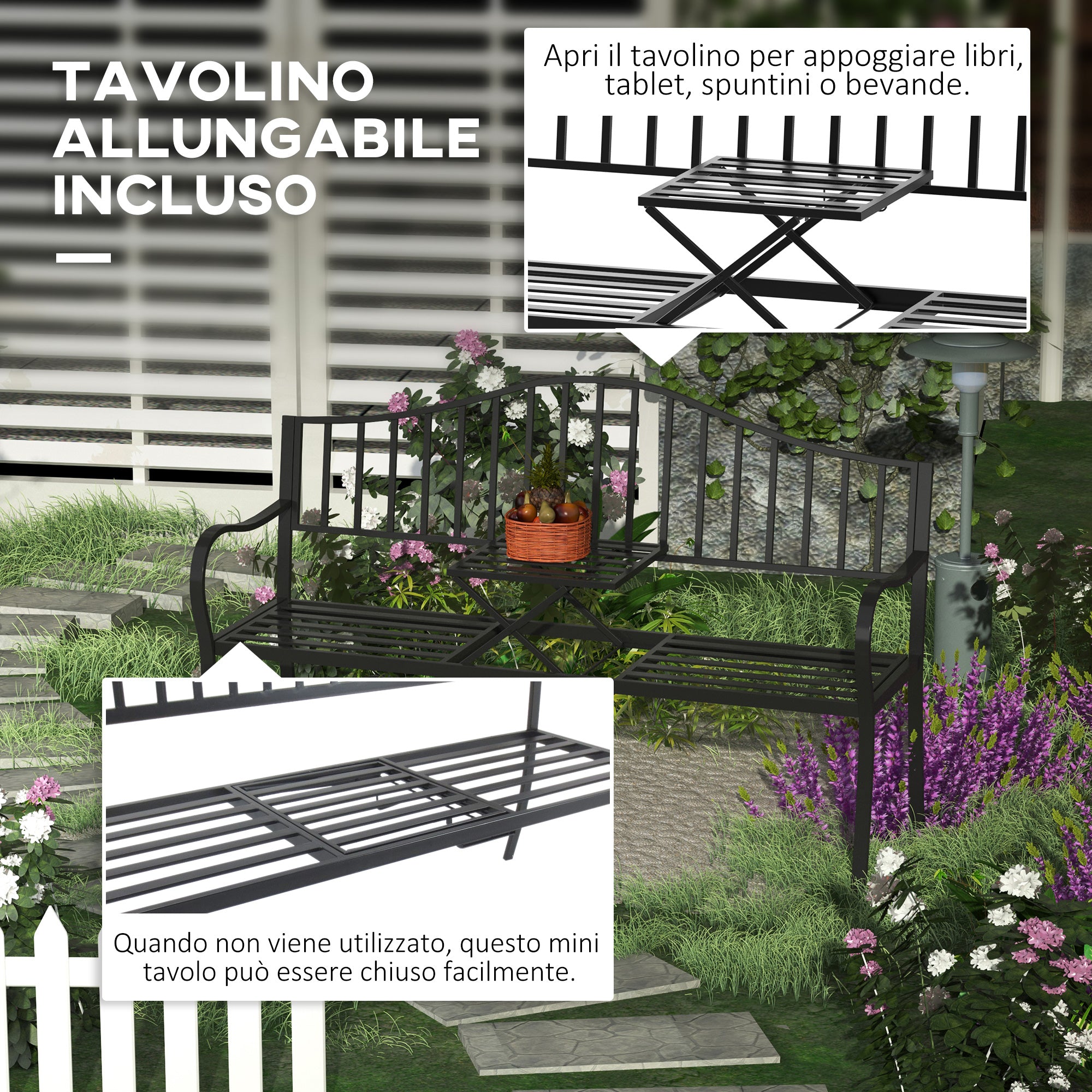 2-Seater Outdoor Bench with Extendable Table in Metal 150 x 53 x 95 cm Black