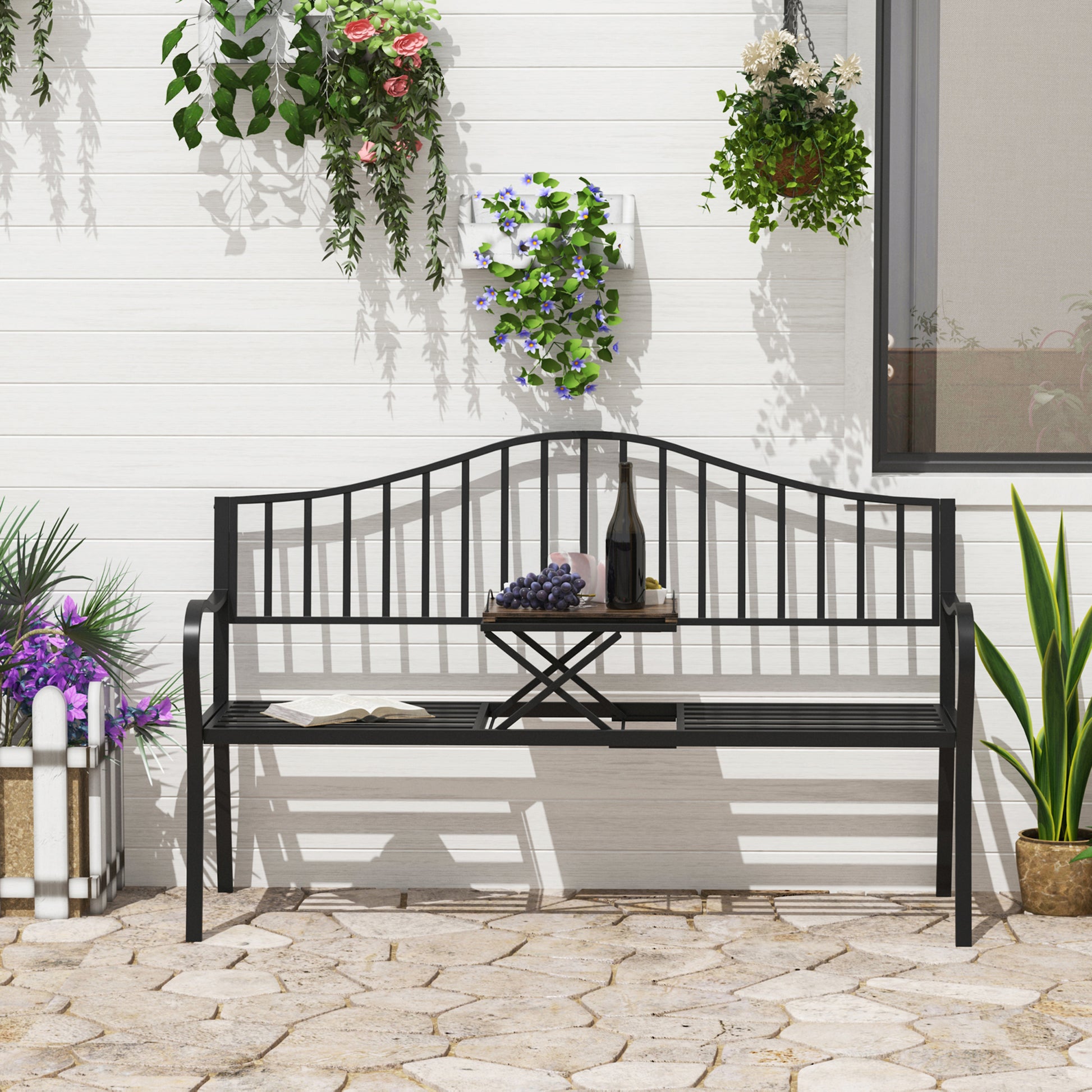 2-Seater Outdoor Bench with Extendable Table in Metal 150 x 53 x 95 cm Black