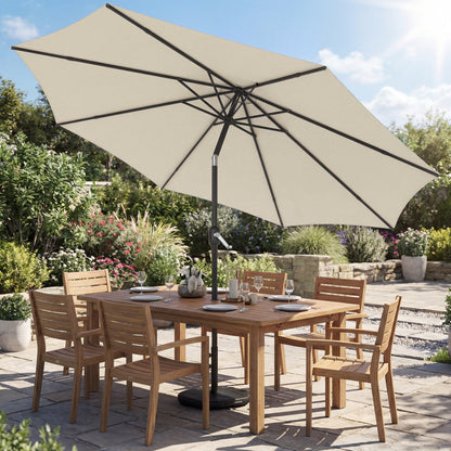 Tilt-Adjustable 9.7 ft Round Retractable Balcony/Patio Umbrella with Crank, Cross Base & Sandbag — UPF 30+, Wind-Resistant, Cream White