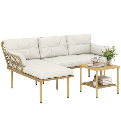 3-Piece PE Rattan Outdoor Patio Set — Chaise Lounge, 2-Seat Sofa & 2-Tier Metal Coffee Table with Cushions, UV-Resistant, Cream