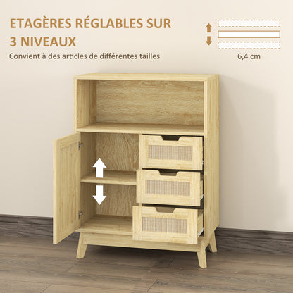 Buffet storage cabinet with 3 drawers cupboard adjustable shelf on three levels non-slip pads for living room, kitchen 60 x 30 x 81 cm natural wood
