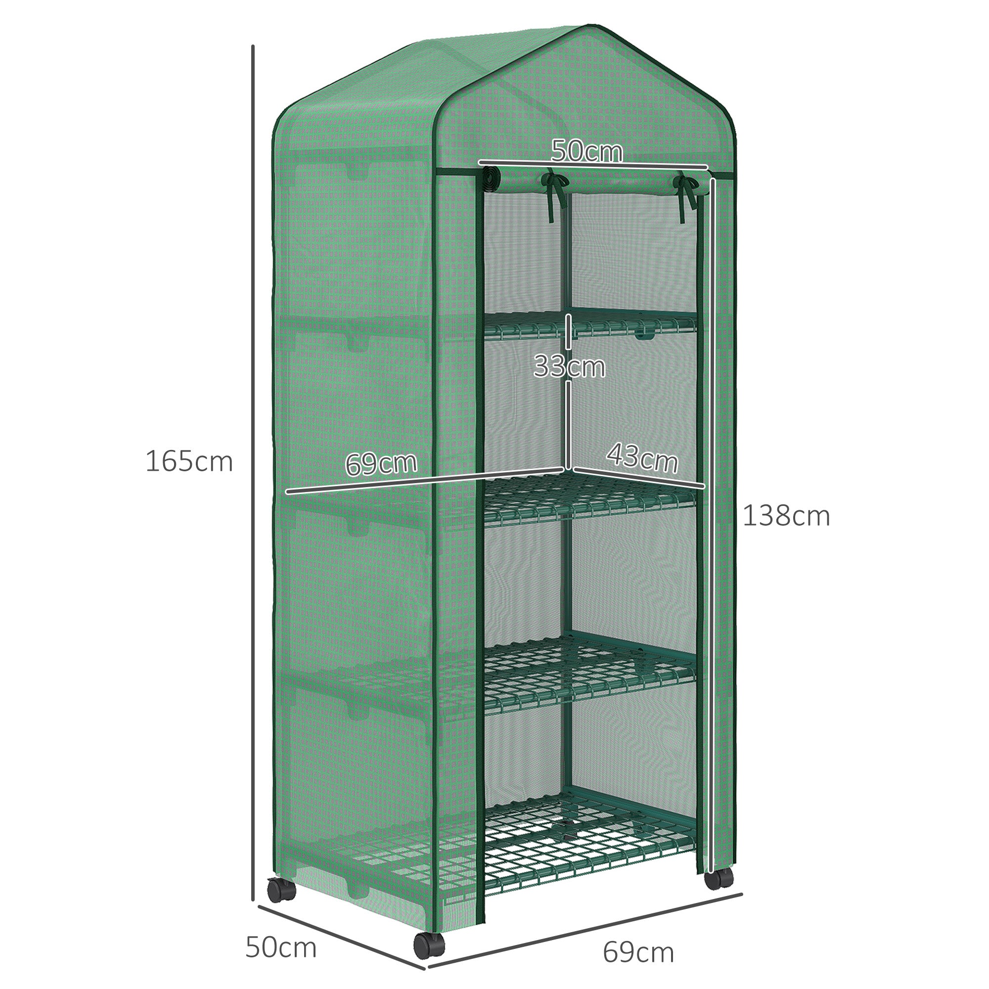 Greenhouse with Rollers, Shelves, Winterproof Steel Foil Greenhouse, Cold Frame for Balcony, Garden, Tomato House 69 x 50 x 165 cm, Tomato Greenhouse for Tomatoes, Flowers, Plants, Green