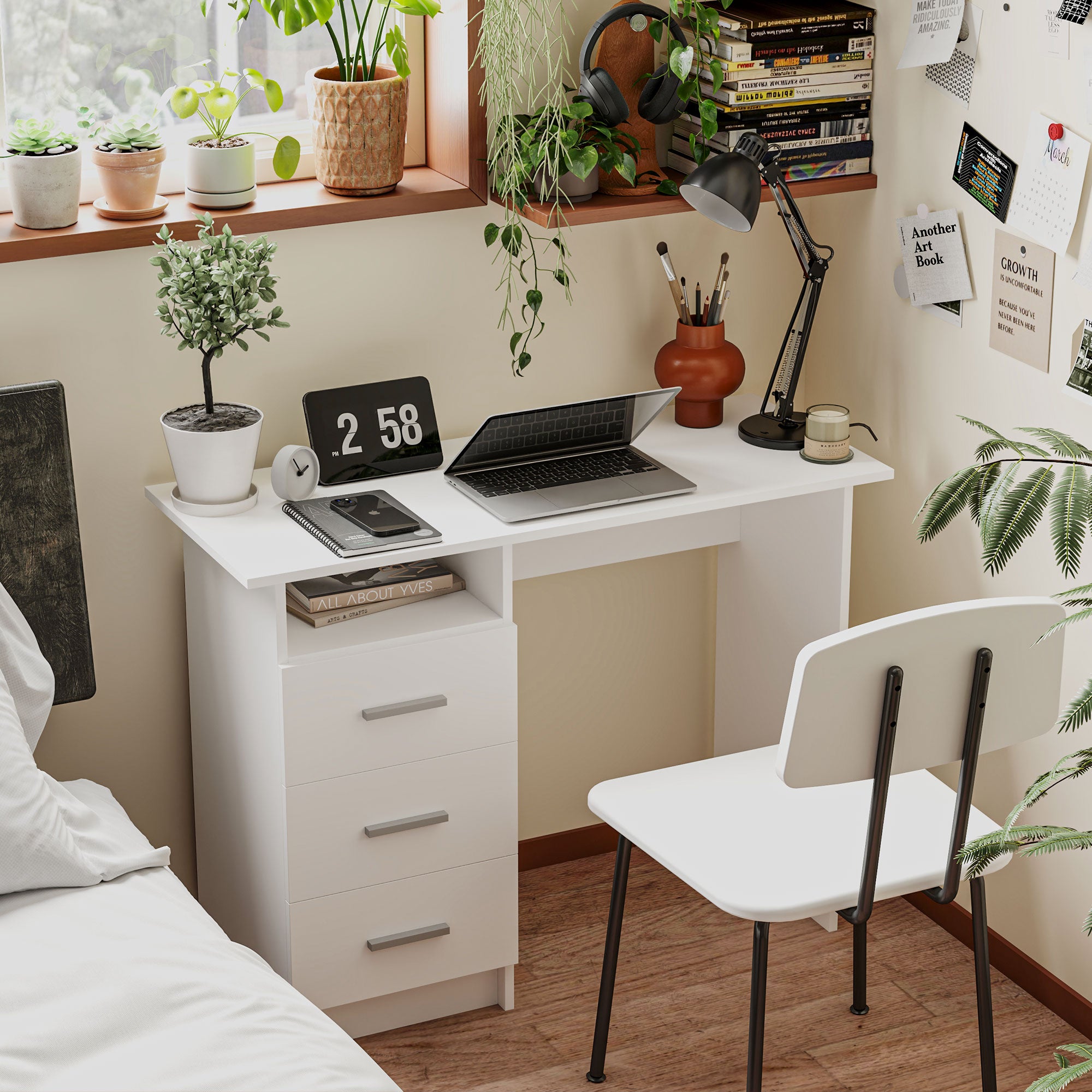Modern Space-Saving Desk with 3 Drawers and Open Shelf, Wooden Desk with Drawers for Office, Study, and Bedroom, 100x40x75 cm, White