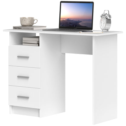 Modern Space-Saving Desk with 3 Drawers and Open Shelf, Wooden Desk with Drawers for Office, Study, and Bedroom, 100x40x75 cm, White