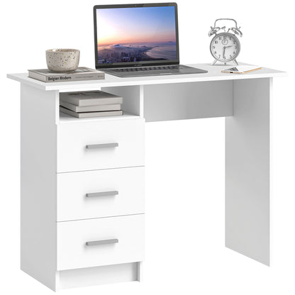 Modern Space-Saving Desk with 3 Drawers and Open Shelf, Wooden Desk with Drawers for Office, Study, and Bedroom, 100x40x75 cm, White
