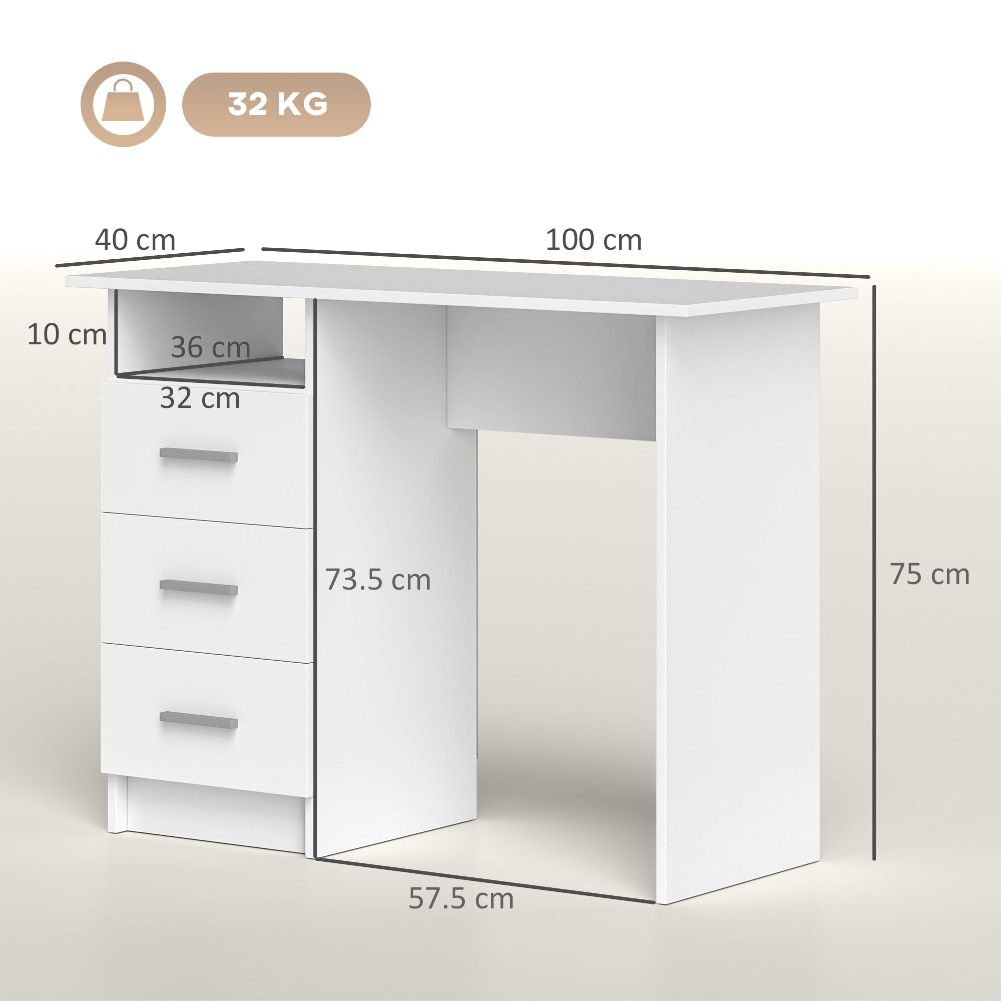 Modern Space-Saving Desk with 3 Drawers and Open Shelf, Wooden Desk with Drawers for Office, Study, and Bedroom, 100x40x75 cm, White