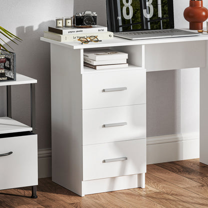 Modern Space-Saving Desk with 3 Drawers and Open Shelf, Wooden Desk with Drawers for Office, Study, and Bedroom, 100x40x75 cm, White