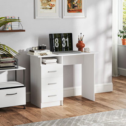 Modern Space-Saving Desk with 3 Drawers and Open Shelf, Wooden Desk with Drawers for Office, Study, and Bedroom, 100x40x75 cm, White